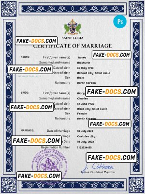 Saint Lucia marriage certificate PSD template, fully editable