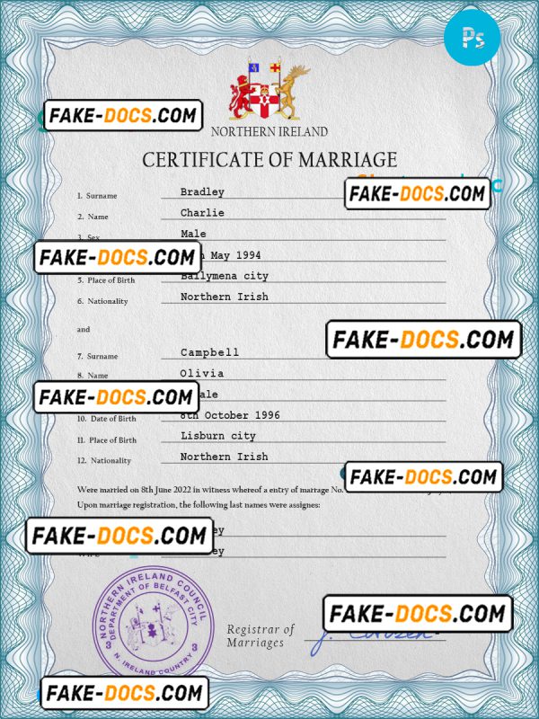 Northern Ireland marriage certificate PSD template, completely editable