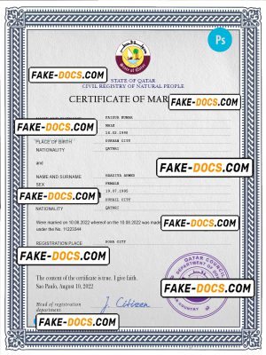 Qatar marriage certificate PSD template, completely editable