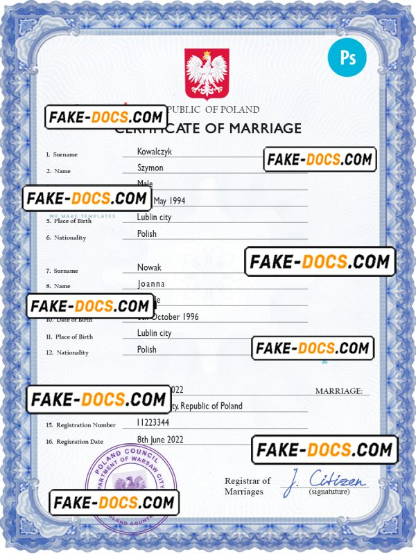 Poland marriage certificate PSD template, completely editable