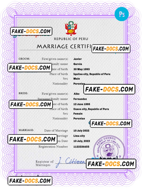 Peru marriage certificate PSD template, fully editable