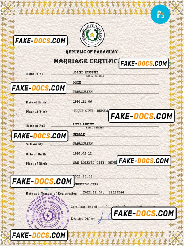 Paraguay marriage certificate PSD template, completely editable