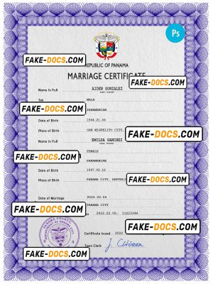 Panama marriage certificate PSD template, completely editable