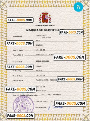 Spain marriage certificate PSD template, fully editable