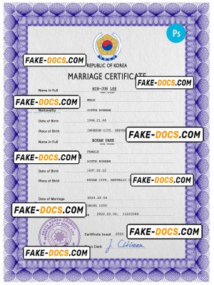 South Korea marriage certificate PSD template, fully editable