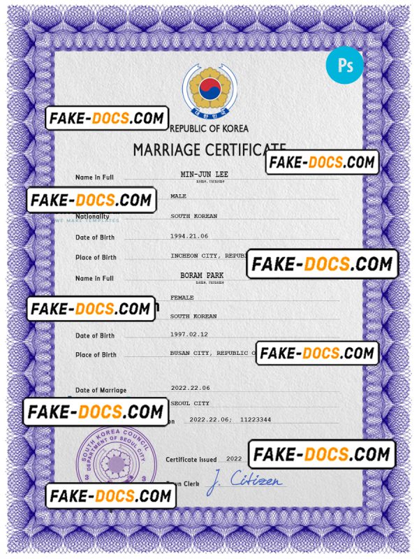 South Korea marriage certificate PSD template, fully editable