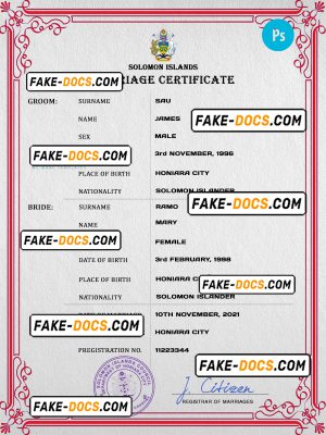Solomon Islands marriage certificate PSD template, completely editable