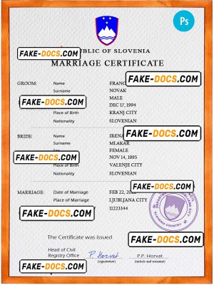 Slovenia marriage certificate PSD template, completely editable