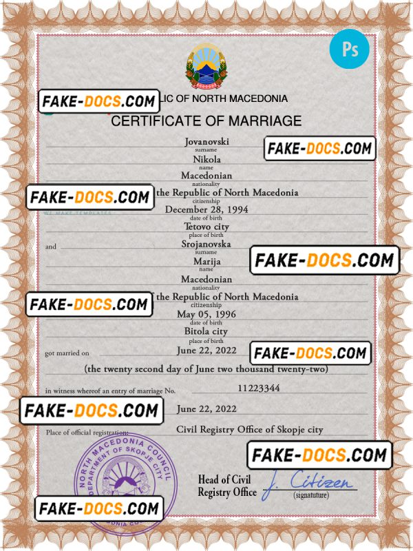 North Macedonia marriage certificate PSD template, fully editable