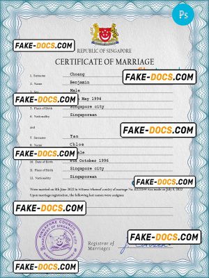 Singapore marriage certificate PSD template, completely editable