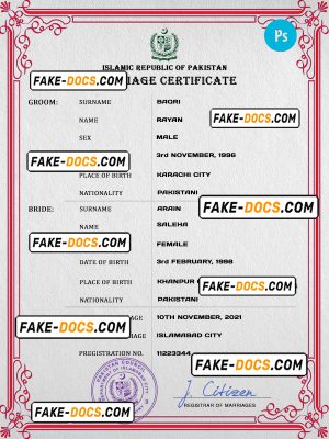 Pakistan marriage certificate PSD template, fully editable