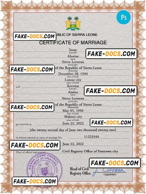 Sierra Leone marriage certificate PSD template, fully editable