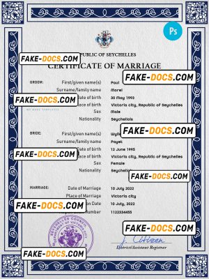 Seychelles marriage certificate PSD template, completely editable