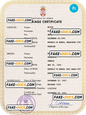 Serbia marriage certificate PSD template, fully editable