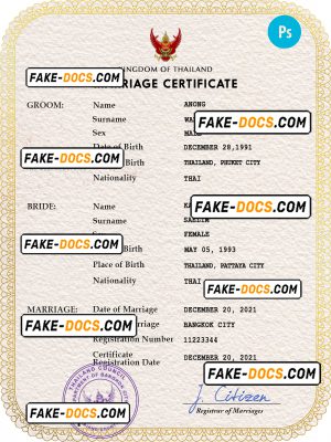 Thailand marriage certificate PSD template, completely editable