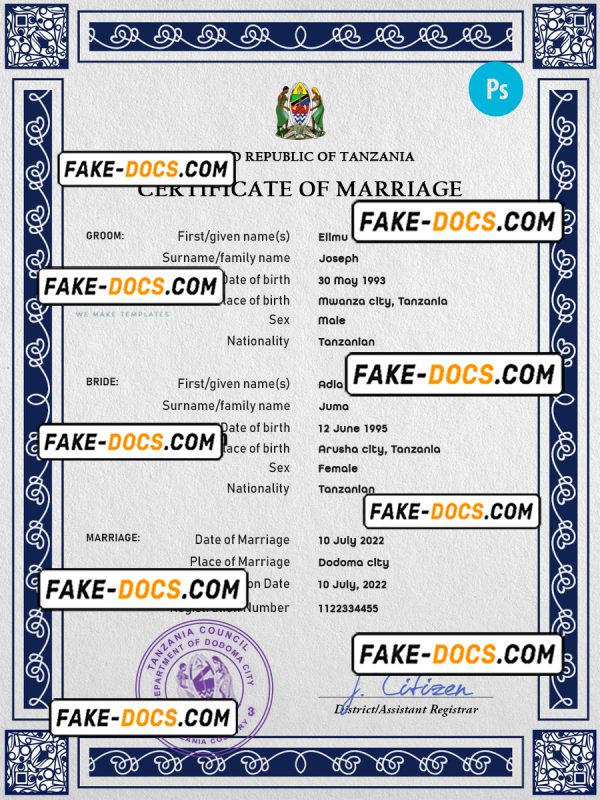 Tanzania marriage certificate PSD template, fully editable