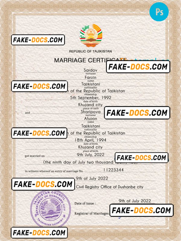 Tajikistan marriage certificate PSD template, completely editable