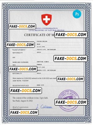 Switzerland marriage certificate PSD template, completely editable