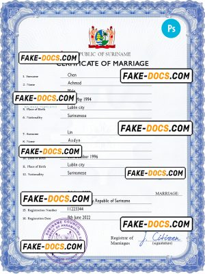 Suriname marriage certificate PSD template, completely editable