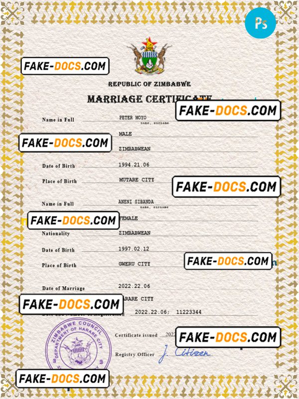 Zimbabwe marriage certificate PSD template, completely editable