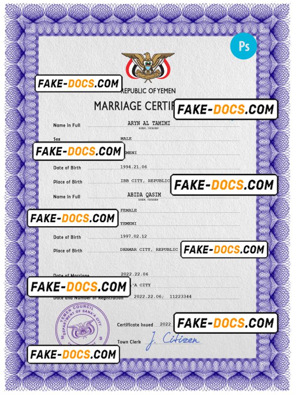 Yemen marriage certificate PSD template, completely editable