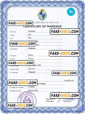 Uruguay marriage certificate PSD template, fully editable