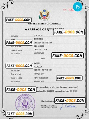 United States of America marriage certificate PSD template, completely editable