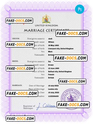 United Kingdom marriage certificate PSD template, fully editable