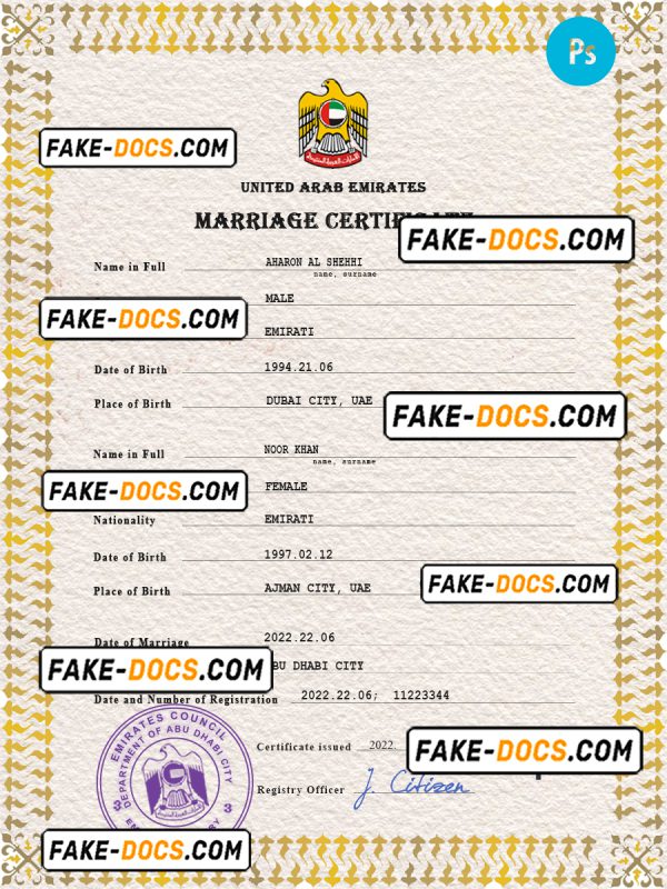 United Arab Emirates marriage certificate PSD template, completely editable