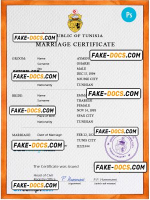 Tunisia marriage certificate PSD template, completely editable