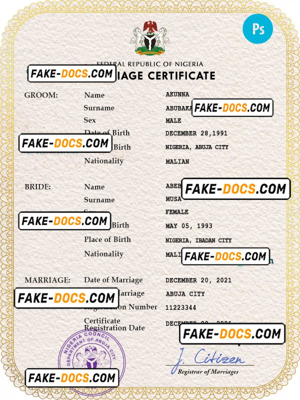Nigeria marriage certificate PSD template, fully editable