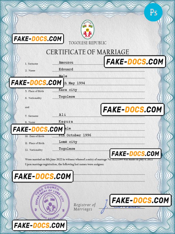 Togo marriage certificate PSD template, completely editable