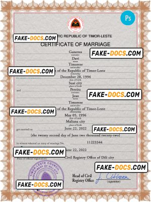 Timor-Leste marriage certificate PSD template, fully editable