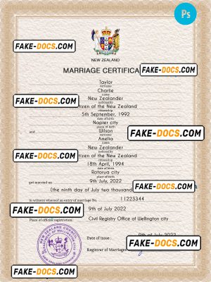 New Zealand marriage certificate PSD template, completely editable