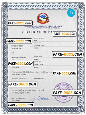 Nepal marriage certificate PSD template, completely editable