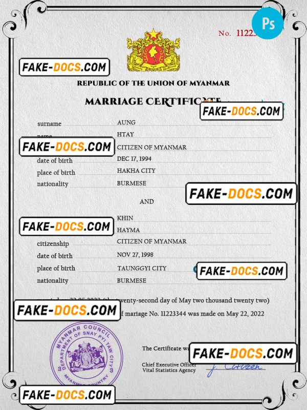 Myanmar marriage certificate PSD template, fully editable