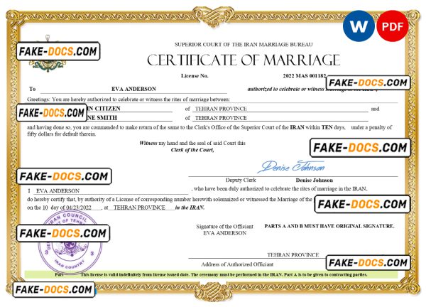 Iran marriage certificate Word and PDF template, fully editable