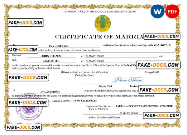 Kazakhstan marriage certificate Word and PDF template, fully editable