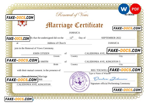 Jamaica marriage certificate Word and PDF template, completely editable