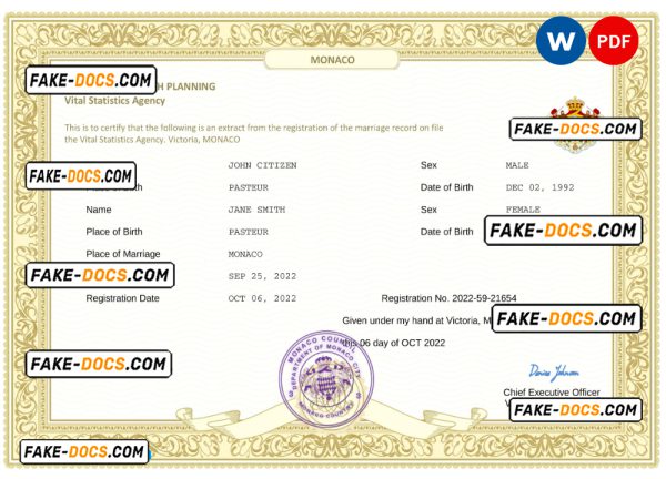 Monaco marriage certificate Word and PDF template, fully editable