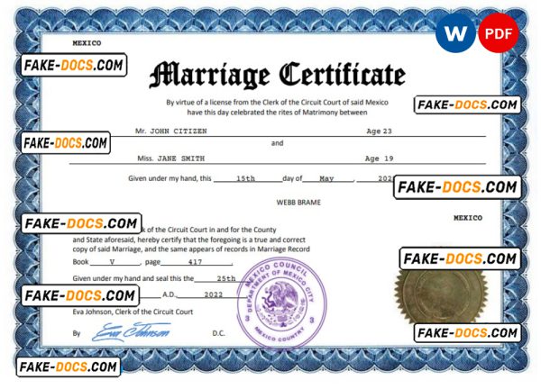 Mexico marriage certificate Word and PDF template, completely editable