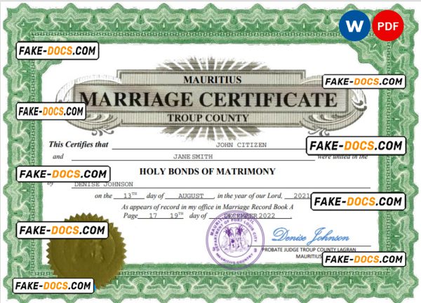 Mauritius marriage certificate Word and PDF template, fully editable