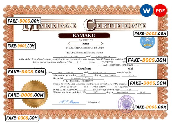 Mali marriage certificate Word and PDF template, fully editable