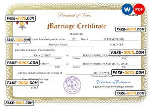 Maldives marriage certificate Word and PDF template, completely editable Maldives marriage certificate Word and PDF template, completely editable