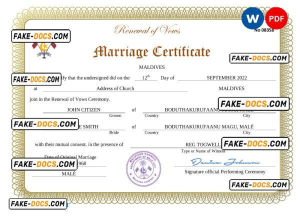 Maldives marriage certificate Word and PDF template, completely editable