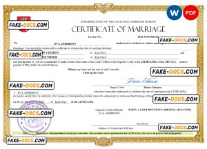 Lithuania marriage certificate Word and PDF template, fully editable Lithuania marriage certificate Word and PDF template, fully editable