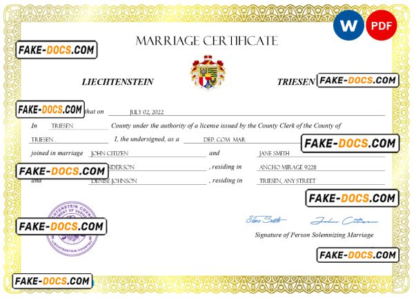 Liechtenstein marriage certificate Word and PDF template, completely editable