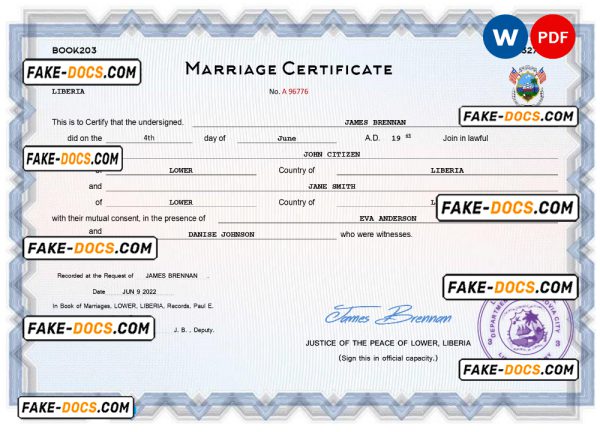 Liberia marriage certificate Word and PDF template, completely editable