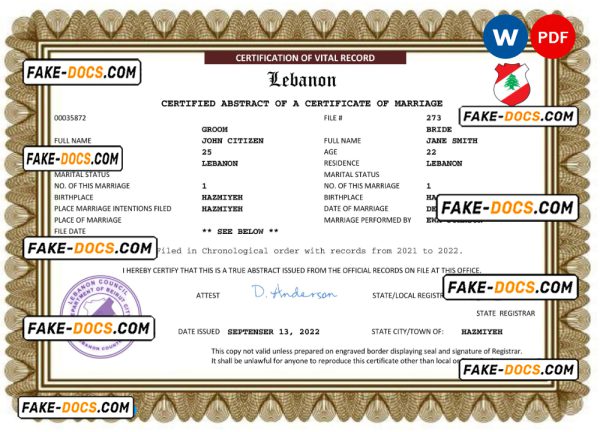 Labanon marriage certificate Word and PDF template, completely editable