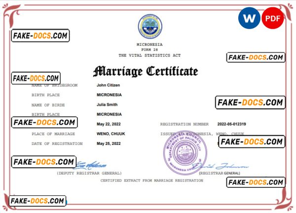 Micronesia marriage certificate Word and PDF template, fully editable